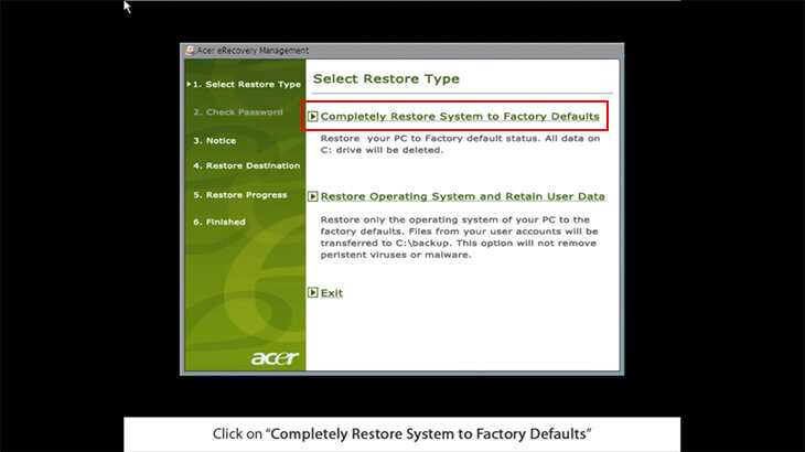 Click vào Completely Restore System to Factory Defaults.